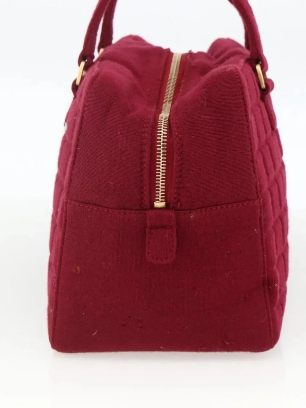 CHANEL Choco Bar Hand Bag Cotton Bordeaux Gold CC Auth BAZ870